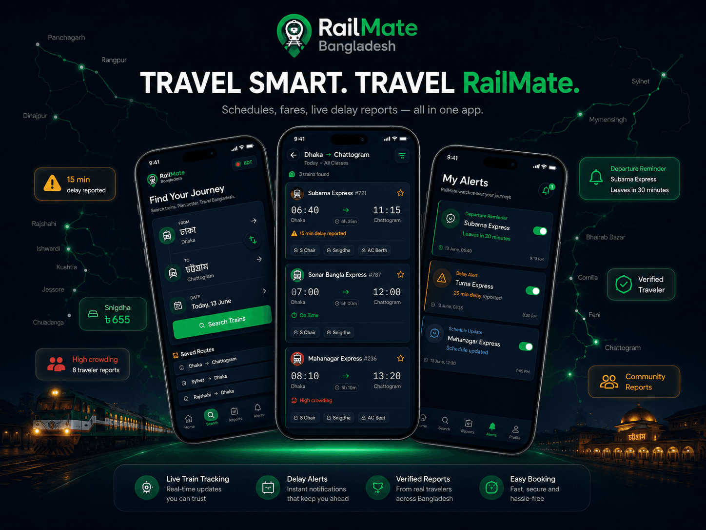 RailMate Bangladesh app — showing train search, schedules, and community delay reports